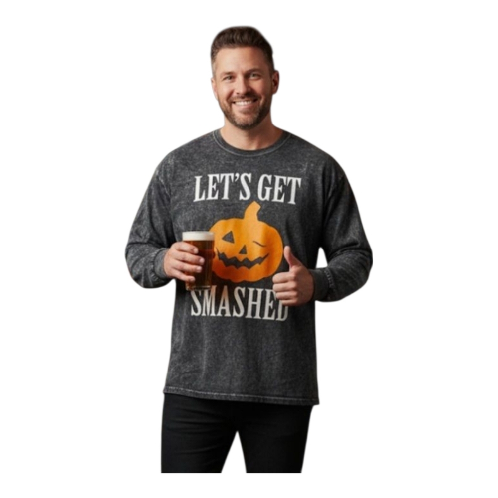Halloween Let's Get Smashed Pumpkin Long Sleeve Tee Acid Wash Black XXL Unisex